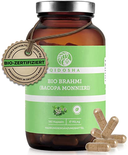 QIDOSHA® Brahmi Kapseln Bio I VERGLEICHSSIEGER* I 180 Stk I 1000mg Brahmi je Tagesportion I Bio Brahmi Pulver hochdosiert I Bacopa monnieri 500 mg Brahmi je Kapsel I kleines Fettblatt I vegan Cover