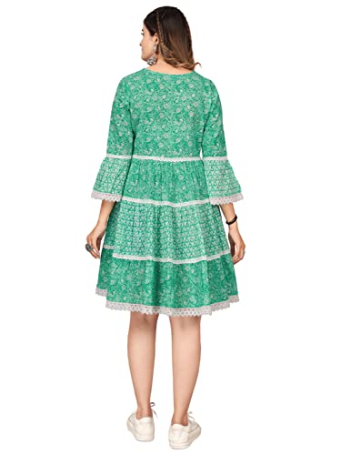 Image of Vbuyz Women's Cotton Print & Lace Work Flared Stitched Dress