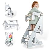 Torre Montessori 4 en 1 para niños – Torre de Aprendizaje, Mesa con Silla, Pizarra Infantil y Silla Evolutiva Ajustable – Madera Segura, 2 a 9 años (Gris)