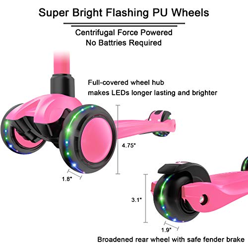 Image of Allek Kick Scooter B03, Lean 'N Glide 3-Wheeled Push Scooter with Extra Wide PU Light-Up Wheels, Any Height Adjustable Handlebar and Strong Thick Deck for Children from 3-12yrs (Rose Pink)