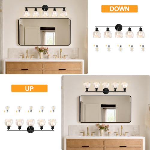 Image of Bathroom Light Fixtures, 5-Light Brushed Black Vanity Lights for Bathroom with Clear Tulip Glass Shade, 30 inch Vintage Bathroom Vanity Lighting Fixtures Over Mirror for Bedroom Living Room Hallway