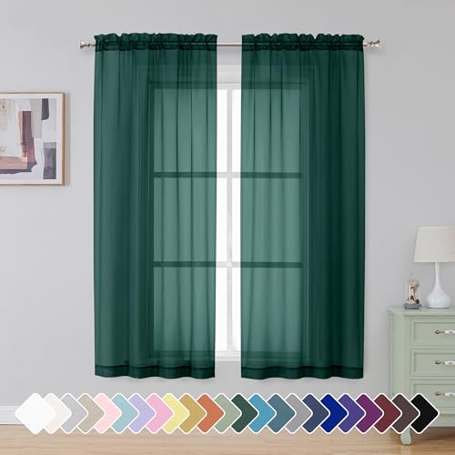Image of Simplebrand Hunter Green Sheer Curtains 63 Inch Length 2 Panels, Rod Pocket Solid Color Window Sheer Curtain Panels, Elegant Curtains & Drapes for Living Room, Bedroom (Hunter Green, 42 inch W x 63 inch L)