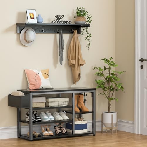 Image of Aiho Hall Tree Shoe Bench with Storage, 4 in 1 Coat Rack Set, Industrial Bench with 4 Hooks, 5 Storage Shoe Cubbies, for Entryway, Hallway, Black