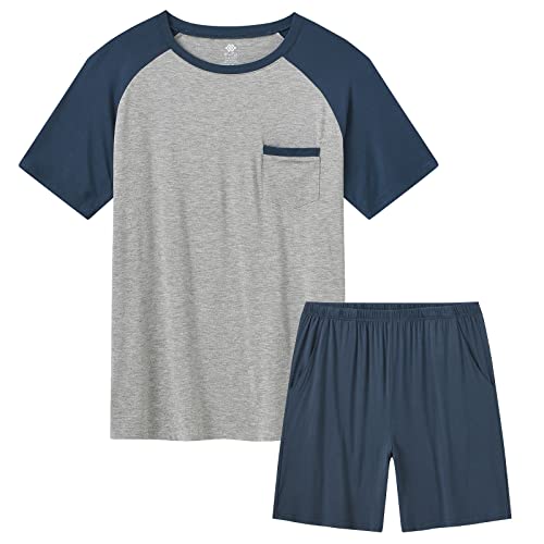 MoFiz Mens Pajama Set Pjs Sleepwear Nightwear Lightweight Quick Dry Soft Short Sleeve V-Neck Summer Pjs Sleep Set With Pocket