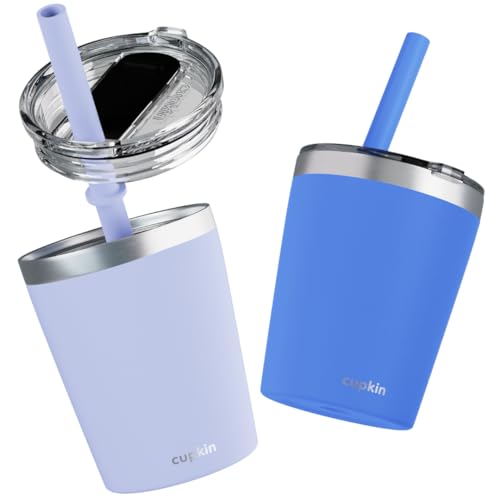 Image of CUPKIN Kids Cup, The Original 8 oz Stackable Stainless Steel Kid Cups, Set of 2 Powder Coated Insulated Sippy Cup for 1+ Year Old Toddlers & BPA Free Lids & Reusable Silicone Straws (Blue + Gray)