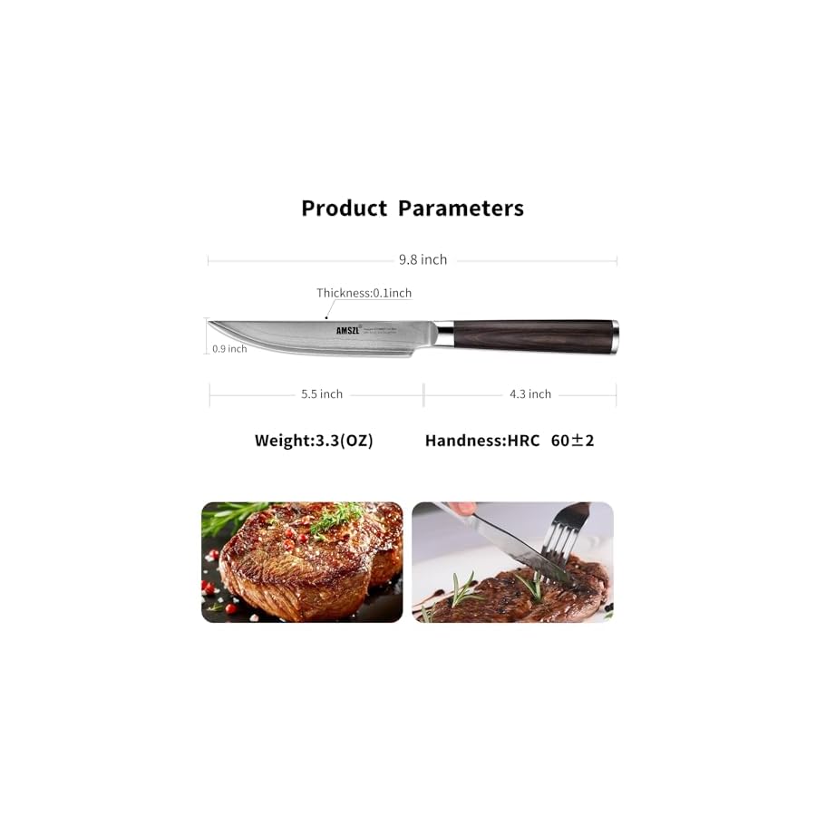 AMSZL 5.5" Steak Knives set of 4, 9Cr18MoV Clad Steel Core Forged Straight Edge Steak Knife - Pakka Handle - Gift Box