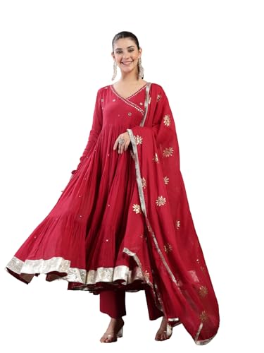 Image of Gulmohar Jaipur Women's Malmal Solid Angrakha Neck Anarkali Kurta Suit Set