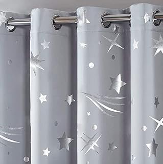 Noah's Linen Stars Thermal Blackout Curtain Pair Eyelet Ring Top Including Tie Backs Kids Metallic Shinning Stars (Silver Grey, 46 x 72)