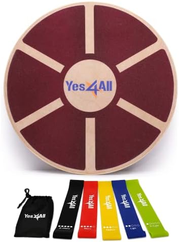 Yes4All Combo Wooden Wobble Balance Board & Loop Resistance Bands for Physical Therapy, Core Training, Home Gym Workout - Red