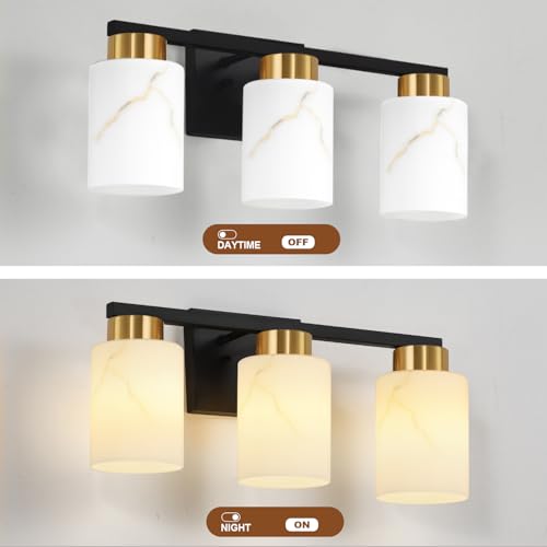 Image of 3-Light Bathroom Light Fixtures, Modern Vanity Lights, Black and Gold Metal Wall Lamp with White Marble Glass for Bathroom, Mirror, Living Room, Bedroom, Cabinet, Porch, Hallway, E26 Base
