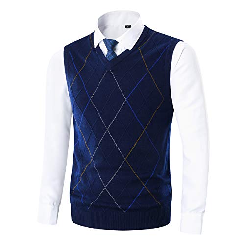 Yingqible Men's Slim Fit V Neck Sweater Vest Solid Color Argyle Knitted Pullover Sweater Sleeveless