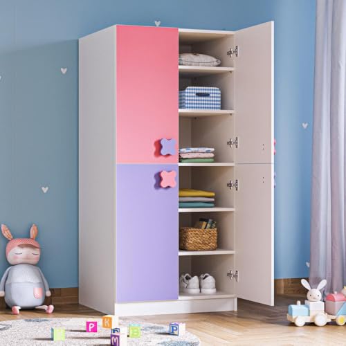 Image of Wakefit Kids Wardrobe | 1 Year Warranty |Wardrobe, Wardrobe Wooden, Almirah for Kids, Cupboard for Kids, Wardrobe for Kids, Bugs with 4 Shutter & Solid Wood Handles (Frosty White - Pink & Purple)