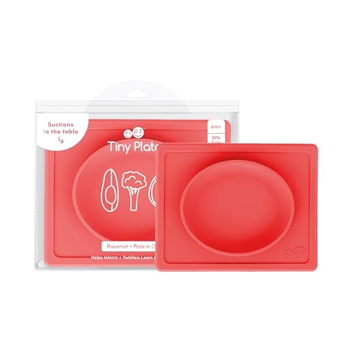 Image of ezpz Tiny Plate (Coral) - 6 Months+ - 100% Silicone Suction Placemat + Plate for Infants - Fits on Most Highchair Trays - Baby Led Weaning Supplies