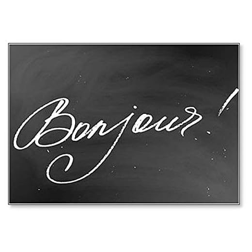 Bonjour! Hej på franska. Handskriven text, krita på en Blackboard kylskåpsmagnet