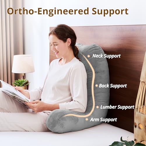 Image of Sasttie Reading Pillow for Bed, Back Pillow for Sitting Up, Dark Grey | 25 inch Backrest Support Cushion for Couch, Sofa, and Floor, Dorm Essentials, OEKO-TEX, Adjustable Down Alternative Fill