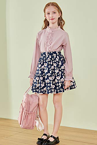 Image of SOLOCOTE Girls Blouse Ruffle Long Sleeve Button Down Shirts Princess Cotton Loose Soft Tops Spring and Summer, 190903, Pink, 13-14Y
