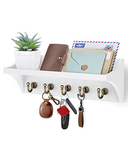 buways Key Holder for Wall-Farmhouse Key and Mail Holder for Wall with 5 Rustic Key Hooks,Wall Key Holder Rack with Shelf Décor for House Entryway(White