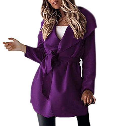 LANGJIAO Damen Einfarbig Langarm Revers MantelLässige Elegante Lose Mantel Wolle Warme Jacke(Lila,M) Cover