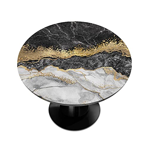 Marble Texture Fitted Tablecloth Round With Elastic Edged, Gold Black Marble Waterproof Wipe Clean Table Cover For Outdoor Indoor Patio Kitchen - Fits Tables 45" To 56" Diameter #TOP24
