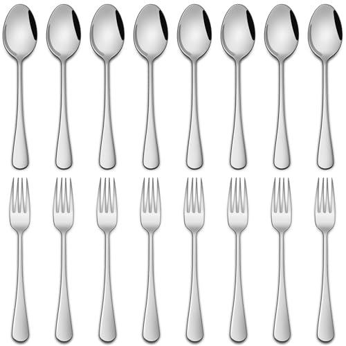 Salad Forks And Teaspoon,6.7 Inches Stainless Steel Dessert Spoons And Forks,Set Of 16 Dishwasher Safe Silverware Fork And Spoon For Home,Restaurant