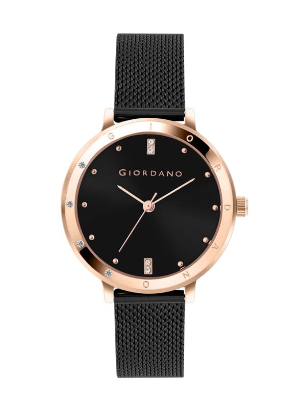 Image of Giordano Analog Quartz Watch for Women with Round Dial, Two-Hand Display, Crystal-Studded Hour Markers and Bezel and Stainless Steel Mesh Strap - A2085