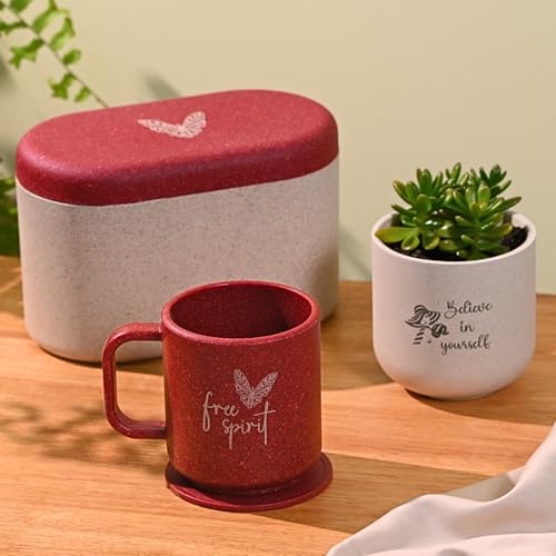 Image of Eha Earth-Friendly Gift Set for Mom| 350 ml | Planter, Mug with Coaster & Loopac | Gifts for Mom Made with Rice Husk Biocomposite | Gifts for Woman | Coral