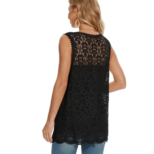 Image of Womens Floral Crochet Lace Boho Trim Sleeveless Open Front Vest Cardigan
