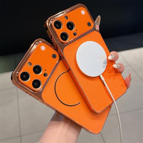 Coque iPhone 13 Pro Max magnétique orange en fibre de carbone texture litchi mat - 2