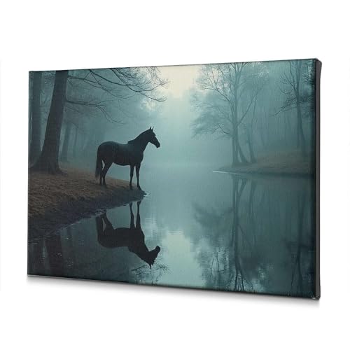 Tableau sur toile de cheval au lac œuvre murale élégante salle à manger