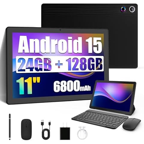 Evermyth Android 15 Tablet 11 Inch, 6800mAh, 24GB RAM+128GB ROM (TF 1TB) with Octa-Core, 1280 * 800P, Widevine L1+OMS, WiFi 6, Bluetooth 5.4, 8 in 1 Tablet with Keyboard, Mouse, Black Cover