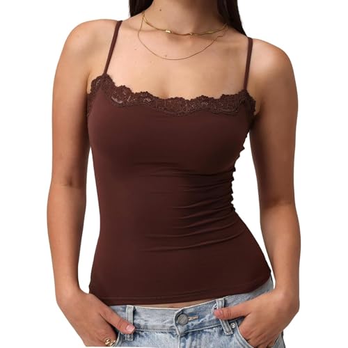 Women's Cami Tank Tops with Built-in Bra Sleeveless Lace Trim Slim Fit Basic Cami Shirts Undershirt Summer Tops (Coffee, S)
