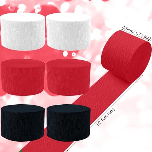 Image of Crepe Paper Streamers 6 Rolls 492ft, Red Black and White Crepe Paper Decorations for Graduations Birthday DIY Gift Wrapping Holiday Party Decor, 1.77 Inch x 82 Ft /Roll