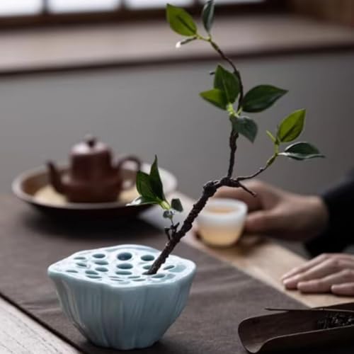 Lotus Pod Flower Arrangement Vase, Ceramic Flower Frog Pot, Ikebana Stem Holder, Decorative Flower Frog Container, Floral Arrangement Bowl for Tea Table, Ceramic Flower Vase Kenzan (Light Cyan) by Eggone - Used condition - Image 8