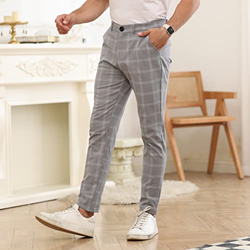 Men's Dress Pants Plaid Slim Fit Business Pants Casual Stylish Skinny Long Pants Lightweight Golf Tapered Pencil Pants Grey #TOP2