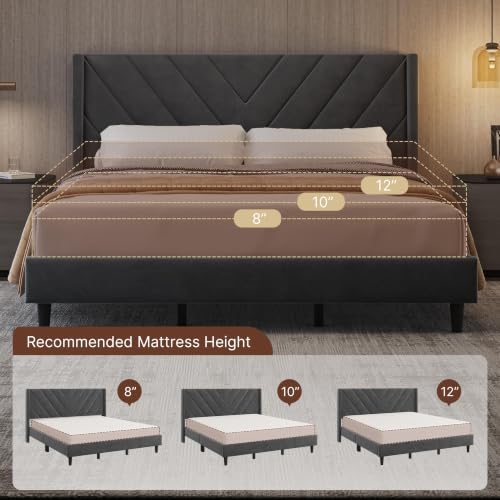 Image of Yaheetech King Bed Frame Upholstered Platform Bed /Wooden Slat Support /Tufted Headboard with Wing Side /Mattress Foundation /No Box Spring Needed,Dark Gray King