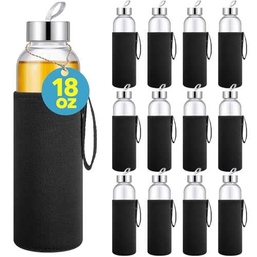 Vesici 12 Set 18 oz Clear Glass Water Bottles, Reusable