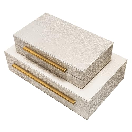 Image of Sagala Set of 2 Beige Shagreen Decorative Boxes With Gold Metal Handles, Faux Leather Jewelry Boxes Modern Storage Boxes Photo Boxes Memory Boxes Home Organizer (Beige-Gold Handle)