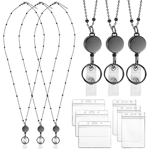 3 Pack ID Badge Lanyards with Retractable Reels & 6 Holders, Black