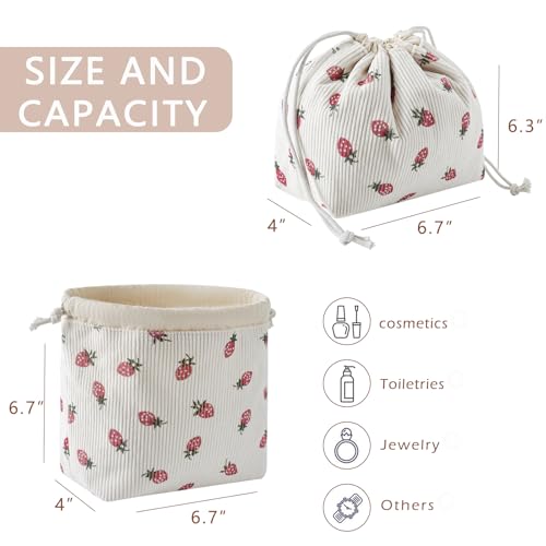 Cute Soft Corduroy Drawstring Makeup Bag with Canvas Lining, Coquette Aesthetic Drawstring Cosmetic with Strawberry Pattern for Women Girls, Kawaii Travel Makeup Organizer Case(06 Strawberry)2