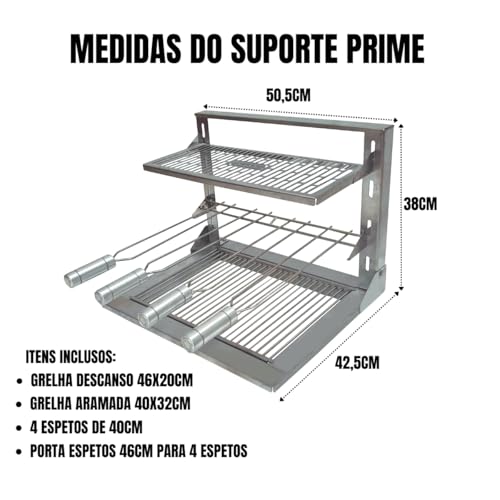 LAURINDOS, Kit Braseiro Suporte Suspenso Prime Inox 42x34 Espeto Grelha