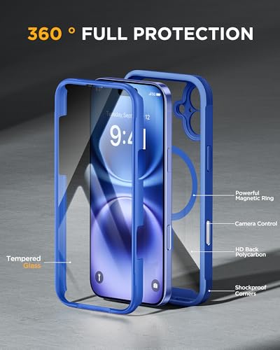 Image of Miracase for iPhone 16 Case 6.1'', [Bubble Free] Full-Body Bumper Phone case with Built-in Full Glass Screen &Lens Protector,No Gap,Compatible with MagSafe,Drop Proof 16 Cover,Blue