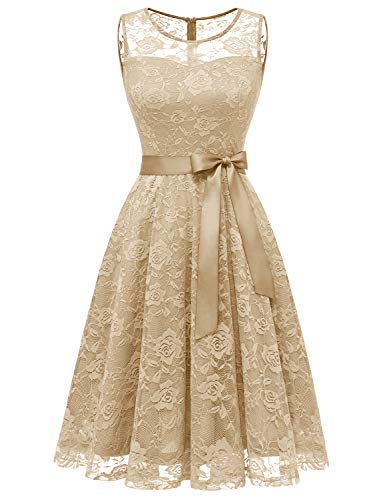 Dressystar 0009 Floral Lace Dress Short Bridesmaid Dresses with Sheer Neckline Champagne L