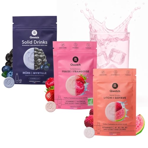 Qwetch SOLID DRINKS – 36 Pastillas de hidratación con vitamina C y B – Sin azúcar – Fresa frambuesa, arándano, mora, guayaba lichi – vegano, sin calorías
