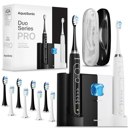 Aquasonic Duo PRO Ultra Whitening 40,000 VPM Electric Smart ToothBrushes ADA Accepted - 5 Modes with Smart Timers - UV Sanitizing & Wireless Charging Base - 10 Proflex Brush Heads & 2 Travel Cases
