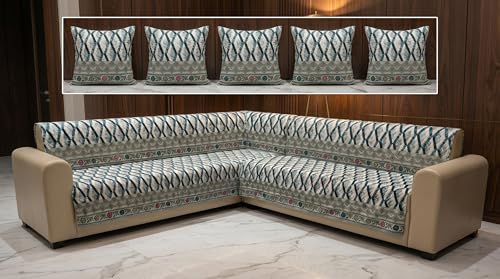 Image of Luxury Sofa Cover L Shape 5 Seater with Matching Cushion Cover 16x16 inch - Indigo Geometric Paisley 3+2 Seater (5 Seater) Quilted Sofa Cover Set Pack of 10, Washable, Indigo Ivory