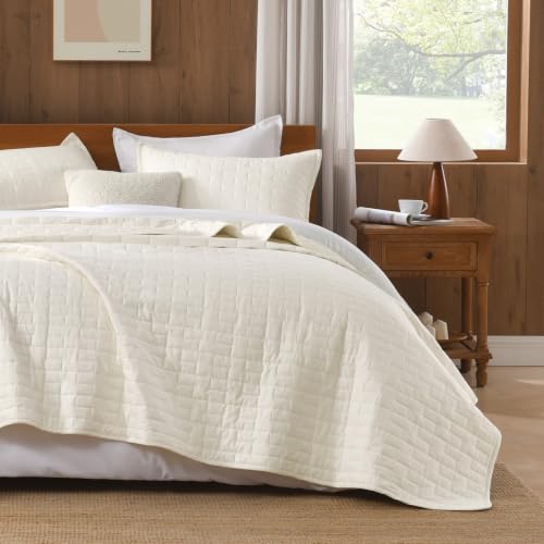 Andency 100% Cotton Queen Ivory Quilt 3 Piece, Quilted Checkered Bedding