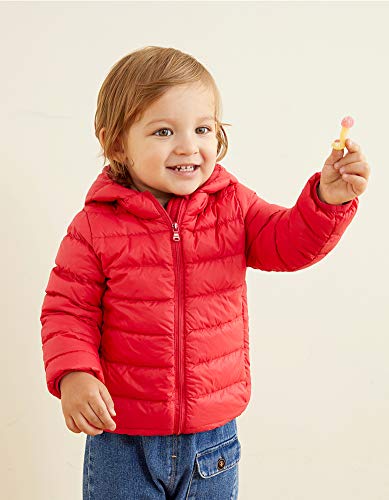 Baby Boys & Girls Down Alternative Winter Warm Hoodie Jacket Coats Cute Red Padded Light Puffer Jacket Coat for Snow Rain or Cold Weather 2-3 Years Old