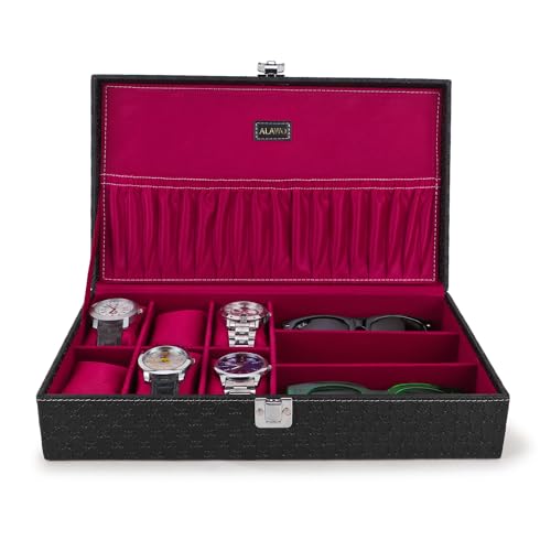 ALAWO Watch Box Organizer and Sunglasses Case with 6 Slots for Watches and 3 Slots for Sunglasses in Black & Cherry Color (B0BSWQ83CH) Amazon Price History, Amazon Price Tracker