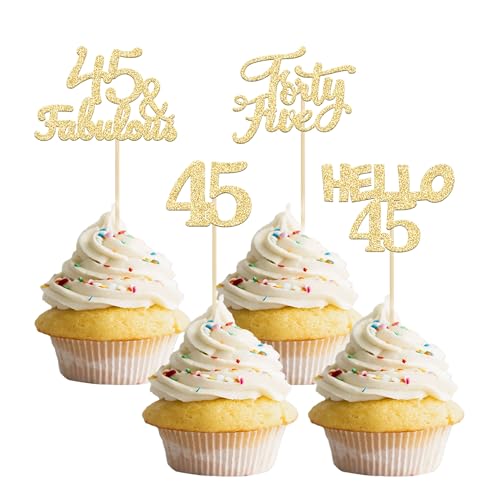 Gyufise Gold Glitter 45th Birthday Cupcake Toppers Hello 45 Cake Toppers Forty Five 45 & fabulous Cupcake Picks for 45th Birthday Wedding Anniversary Cake Decorations Party Supplies 24 Pack