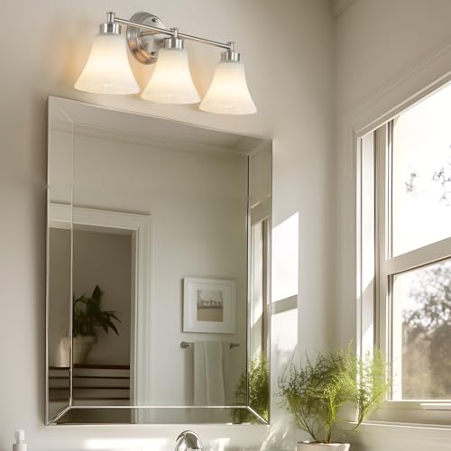 LOUSACE 3 Light Bathroom Vanity Light Vintage Brushed Nickel Bathroom Lighting Fixtures Over Mirror, Traditional Wall Sconce Lighting with Opal Glass Shade, Nickel Vanity Lighting Fixture by LOUSACE - Used condition - Image 7